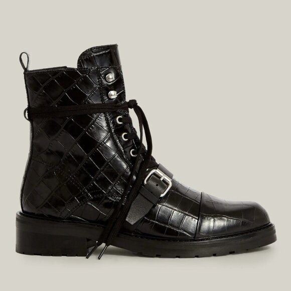 All Saints Embossed Crocodile Black Leather Combat Boots, Size 38 - Picture 1 of 10